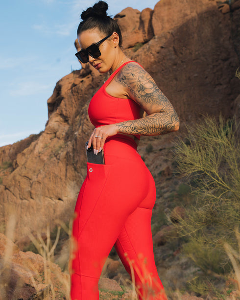 WOMENS RIBBED LEGGINGS - RED