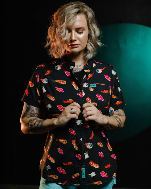 BETTER LOVERS PARTY SHIRT SHORT SLEEVE BUTTON UP - WOMENS