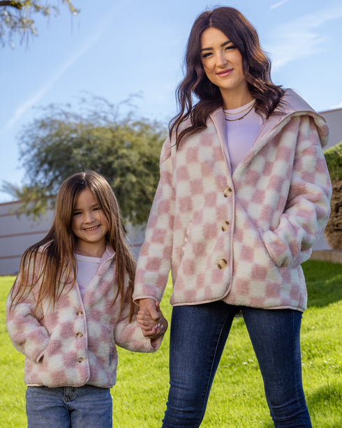 PINK/CREAM CHECKERED SHERPA CARDIGAN - WOMENS