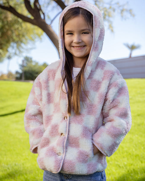 PINK/CREAM CHECKERED SHERPA CARDIGAN - YOUTH