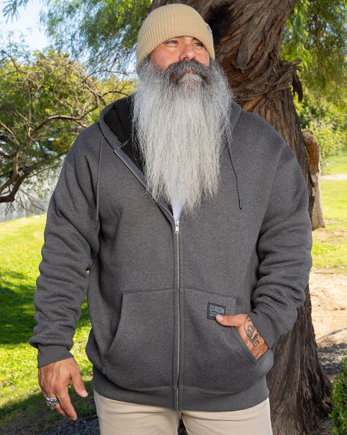 SHERPA LINED HEATHER CHARCOAL ZIP HOODIE  - MENS