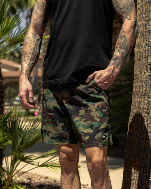 7" GYM SHORTS GREEN CAMO - MENS