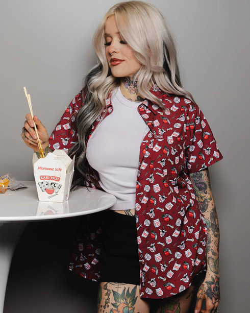 EATING OUT PARTY SHIRT SHORT SLEEVE BUTTON UP  - WOMENS