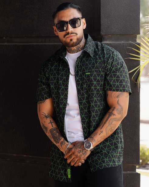 ENIGMA BLACK & GREEN PARTY SHIRT SHORT SLEEVE BUTTON UP - MENS