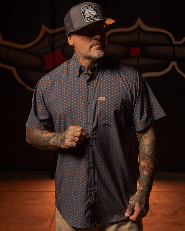 F BOMB CHARCOAL & PEACH PARTY SHIRT SHORT SLEEVE BUTTON UP - MENS