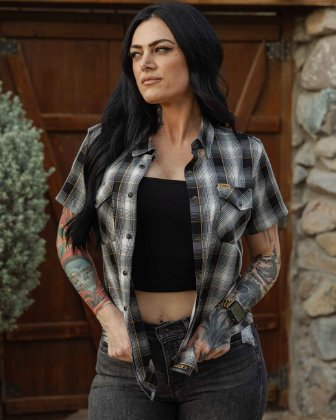GOLD LINE BAMBOO SHORT SLEEVE BUTTON UP - WOMENS