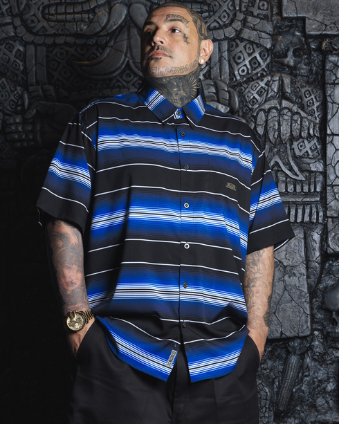 LOW LOW BLUE PARTY SHIRT SHORT SLEEVE BUTTON UP - MENS