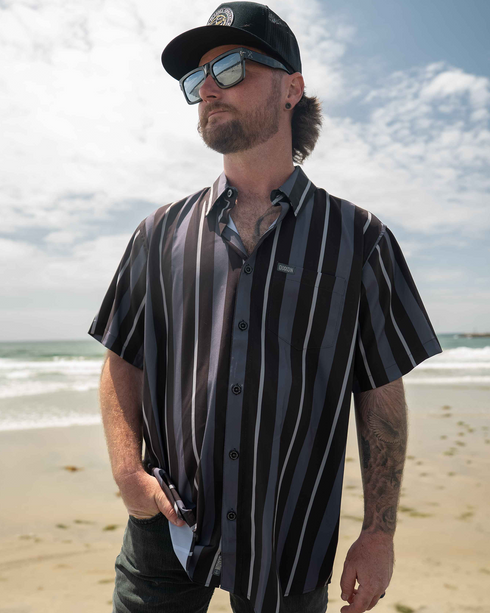 THE MARINA - GREY & BLACK PARTY SHIRT SHORT SLEEVE BUTTON UP  - MENS