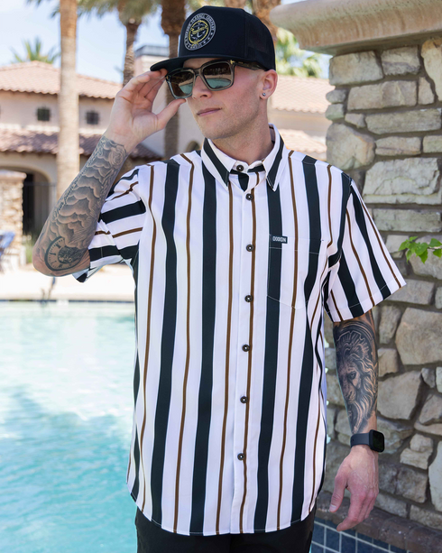 THE MARINA - NAVY & WHITE PARTY SHIRT SHORT SLEEVE BUTTON UP  - MENS