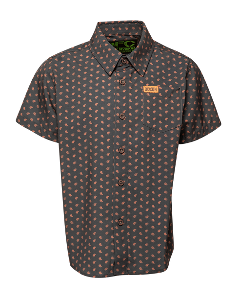 F BOMB CHARCOAL & PEACH PARTY SHIRT SHORT SLEEVE BUTTON UP - YOUTH