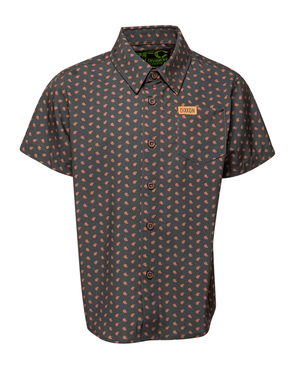 F BOMB CHARCOAL & PEACH PARTY SHIRT SHORT SLEEVE BUTTON UP - YOUTH