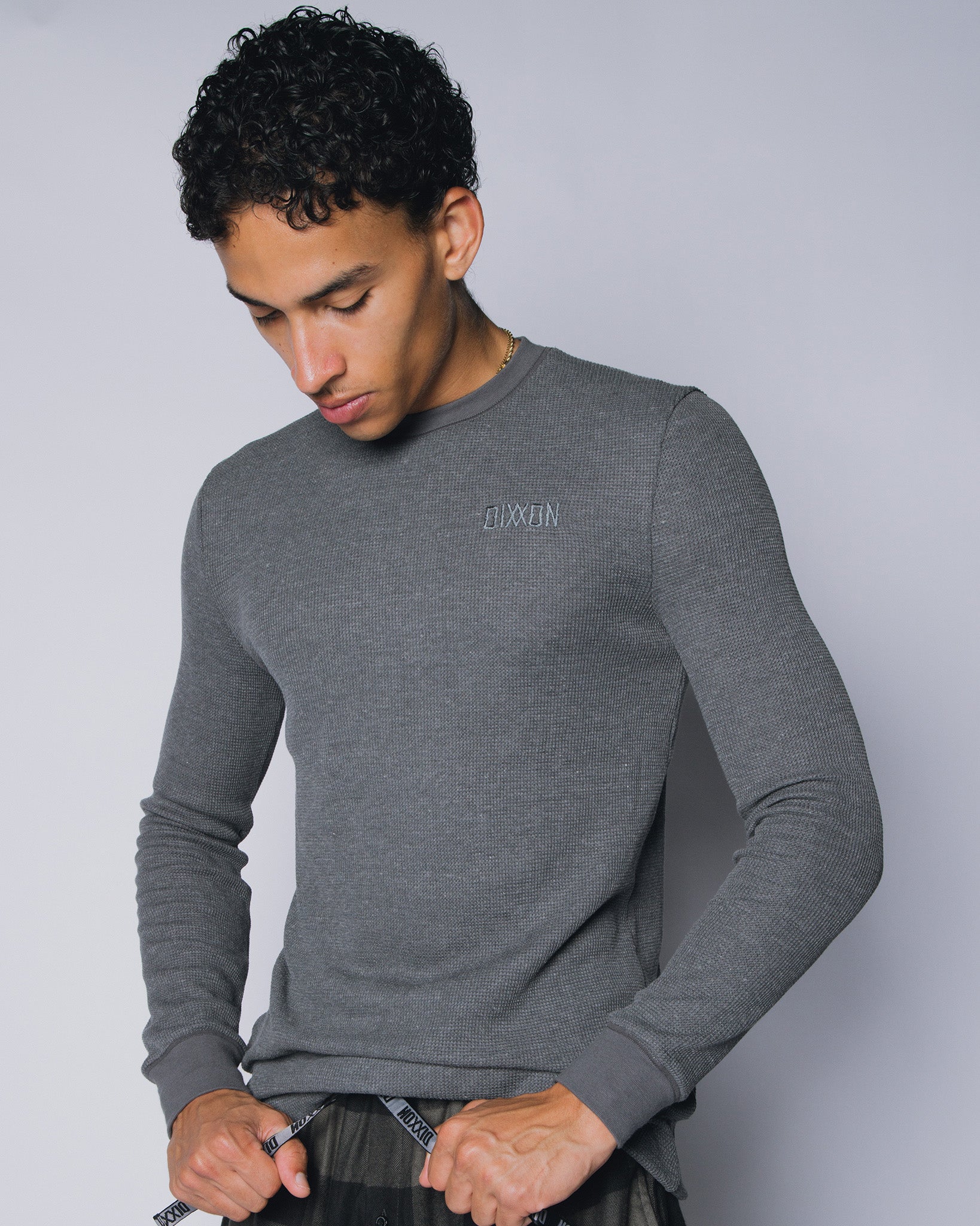 WAFFLE KNIT LONG SLEEVE T-SHIRT DARK GREY MENS