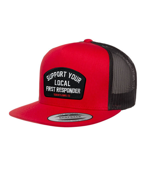 SUPPORT YOUR LOCAL FIRST RESPONDER TRUCKER HAT - RED/BLACK