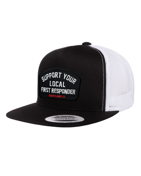 SUPPORT YOUR LOCAL FIRST RESPONDER TRUCKER HAT - WHITE/BLACK