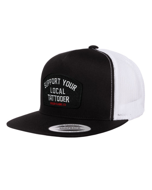 SUPPORT YOUR LOCAL TATTOOER TRUCKER HAT - WHITE/BLACK
